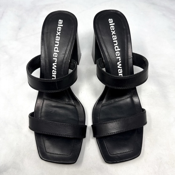 Alexander Wang Shoes - Alexander Wang Hayden Leather Square Toe Minimalist Slide Mule Sandal Heel Black